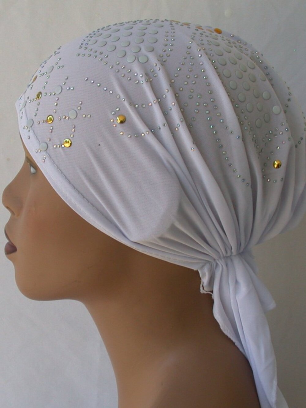 White Chemo Stud Fashion Cap Slip On Bonnet Hijab Undercap #3